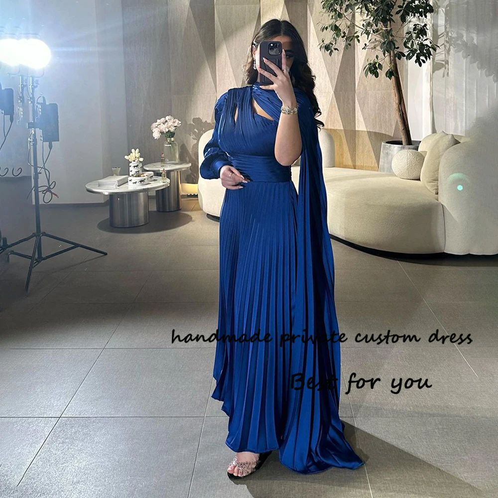 

Blue Pleats Satin Evening Party Dresses with Cape Long Sleeve O Neck Arabian Dubai Prom Dress Floor Length Womens Formal Gowns