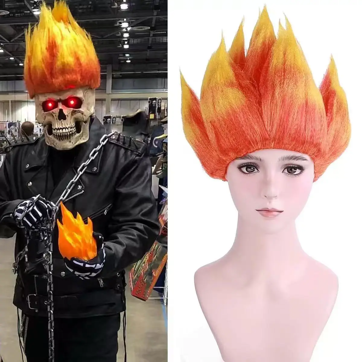 

Synthetic Halloween Anger Fire Wig,Orange and Yellow Short Straight Fire Wig, Cosplay Wig Spiky Layered Hair Flame Costume Wig