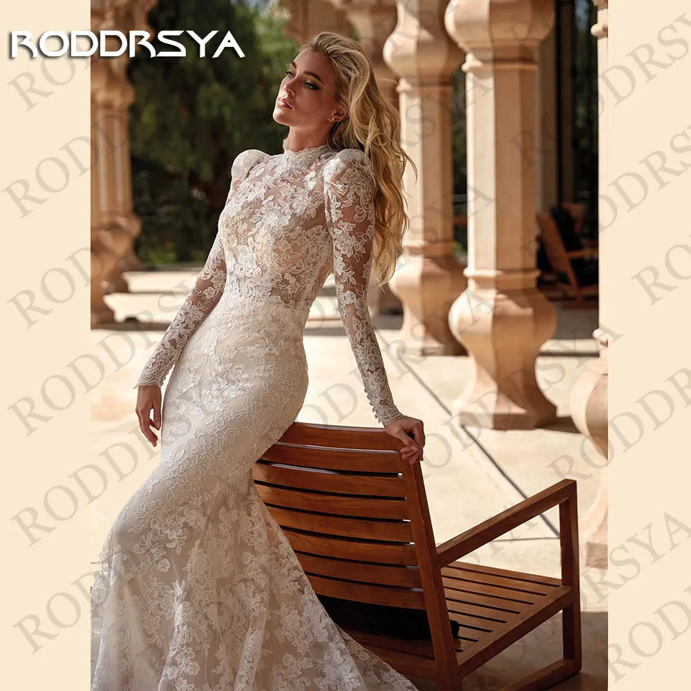 RODDRSYA-exquisitos vestidos de novia de sirena, manga larga, apliques de encaje, Espalda descubierta, cuello alto, 2024 Exquisito Sirena Vestidos de novia 2024  Mangas Largas Apliques De Encaje Sin Espalda  Cuello Alt