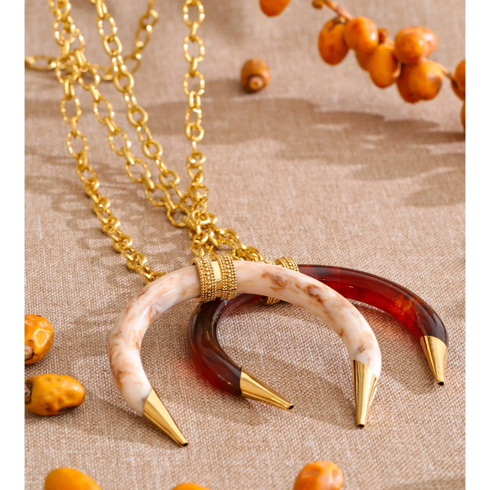 Yhpup 80+5cm Stainless Steel Resin Horn Pendant Statement Long Necklace Waterproof Fashion Attractive Vintage Lucky Jewelry