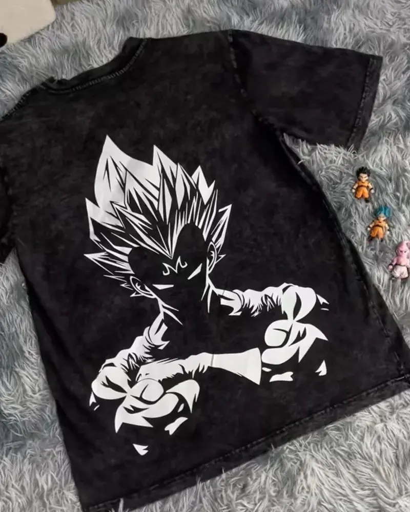 

New Japanese Animation Dragon Ball Men's and Women's T-Shirts Vegeta Washed and Old Loose Cotton Plus Size Short Sleeves