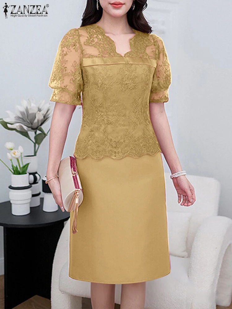 ZANZEA 半袖 V ネックローブファムサテン女性エレガントなシースルー膝丈ドレスレースパッチワーク通勤ファッションドレス