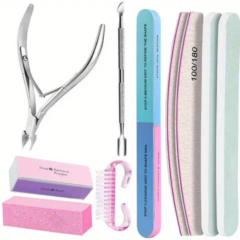 10Pcs/lot Nail Art 100/180 Grit Professional Files Buffer Sponge Block Brush Nail Scissors Kit With Cuticle Nipper Pushers