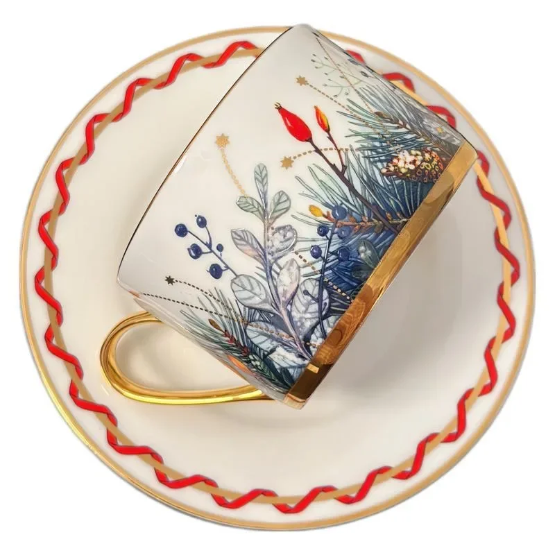 Christmas New Year Gold Trim Bone China Coffee Mug Cup Saucer Set Gold Luxury Afternoon Tea Tea Cup Wedding Housewarming Gift