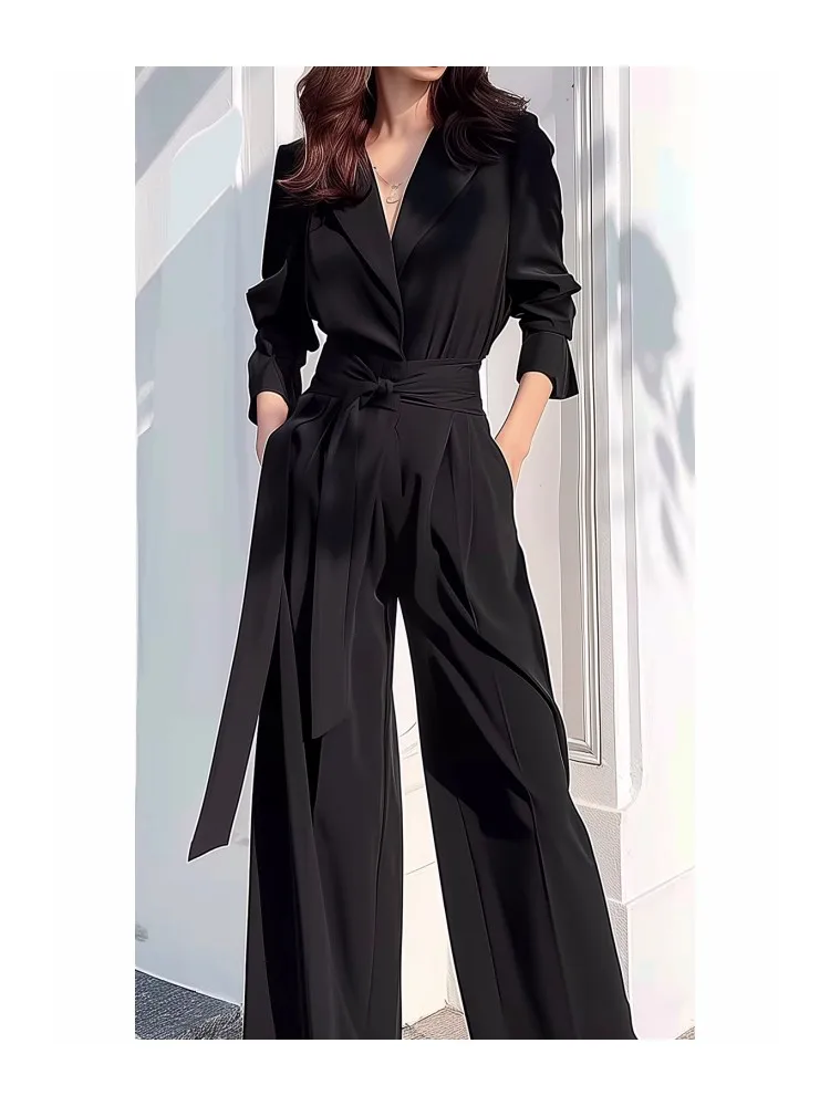 Women Autumn New Elegant Long Sleeve Vintage Lapel Wide Leg Jumpsuit with Sashes Office Lady Casual Slim All Black Clothing