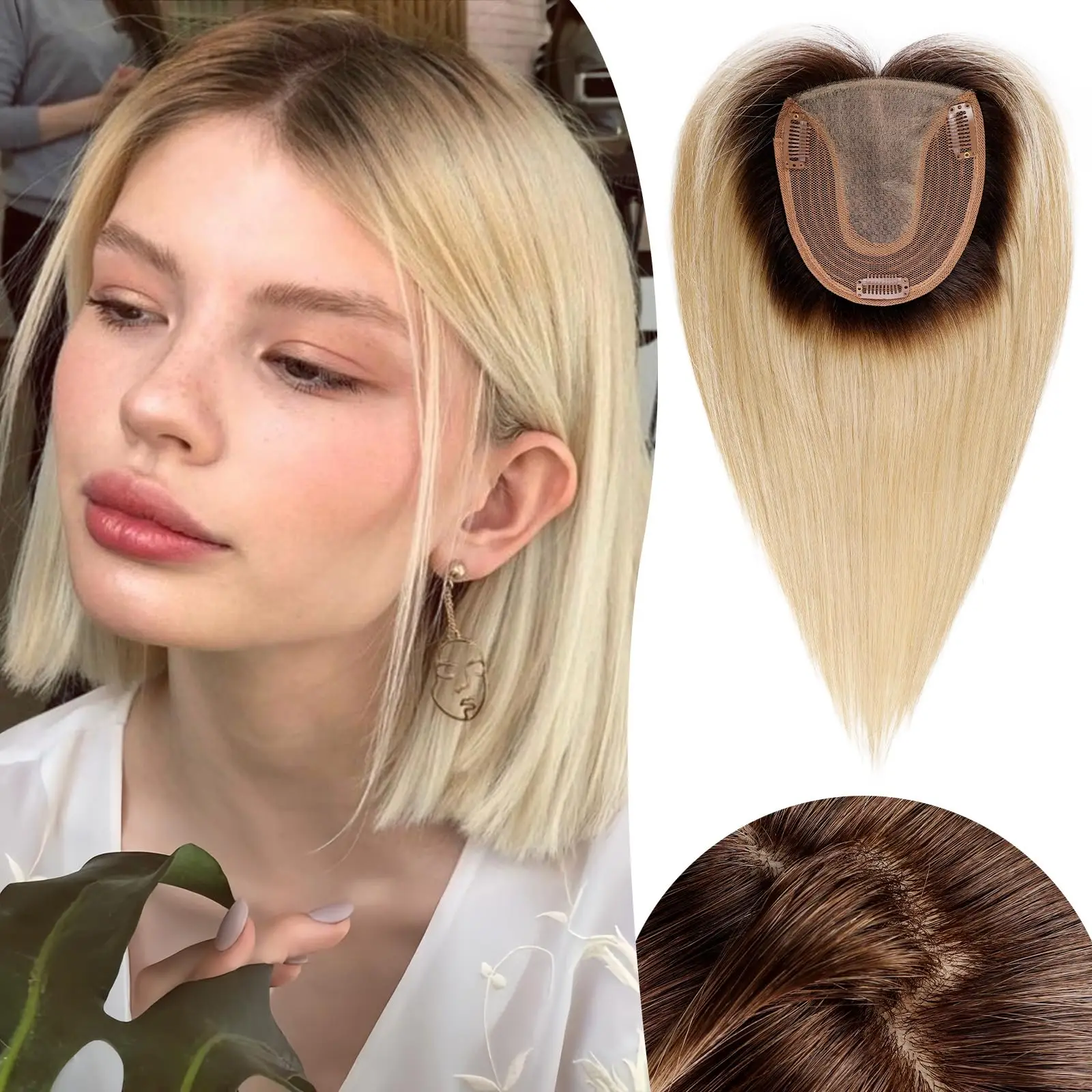 Blonde Human Hair Toppers Middle Part Dark Root Straight 100% Remy Human Hair Silk Base Topper Clip in Hair Extensions for Women