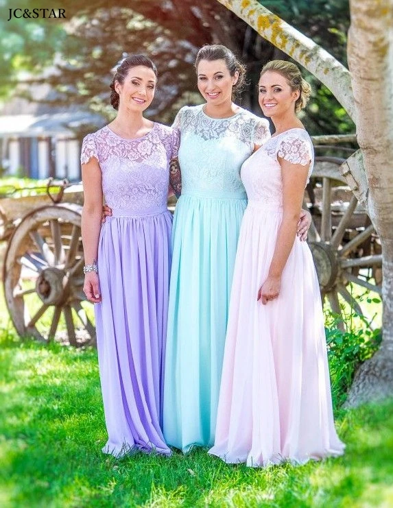 lilac blue fan bridesmaid dress SCOOP neck lace chiffon short sleeves A Line sukienki na wesele long vestido festa abiti da sera