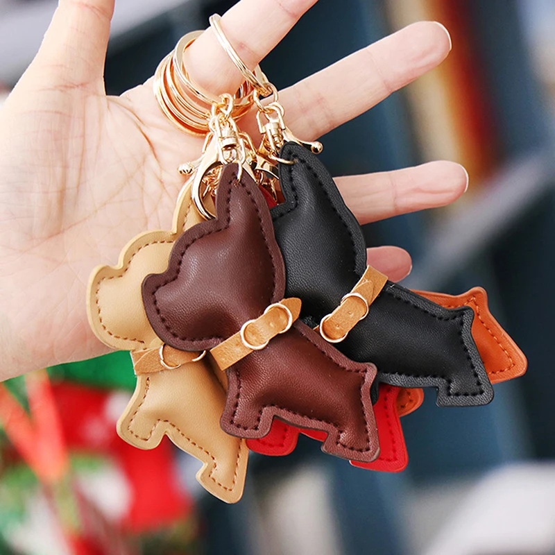 1 Piece Leather Puppy Key Chain Fashion Stuffed PU Faux Leather Fighting Dog Pet Keychain Bag Charm Pendant