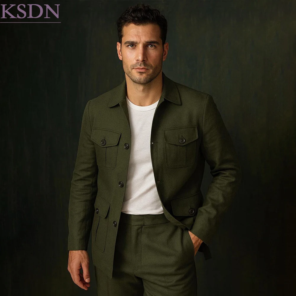 Trajes de safari informales y elegantes para hombre, color verde oliva, de un solo botón, estilo de caza, conjunto de dos piezas (chaqueta y pantalón), ropa masculina personalizada, Terno