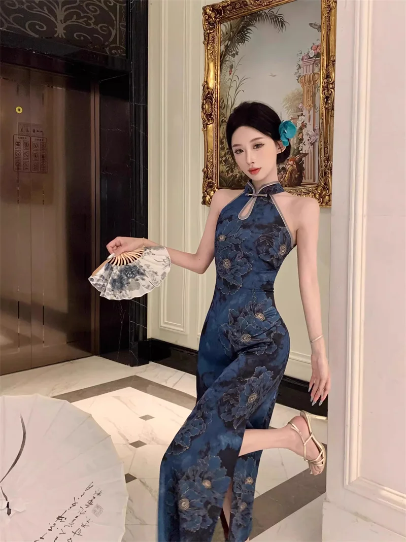 New Chinese Style Fashion Woman  Jacquard Satin Shoulder Digging Improved Slim Fit Cheongsam Printed Waist Cinching Dress Long S