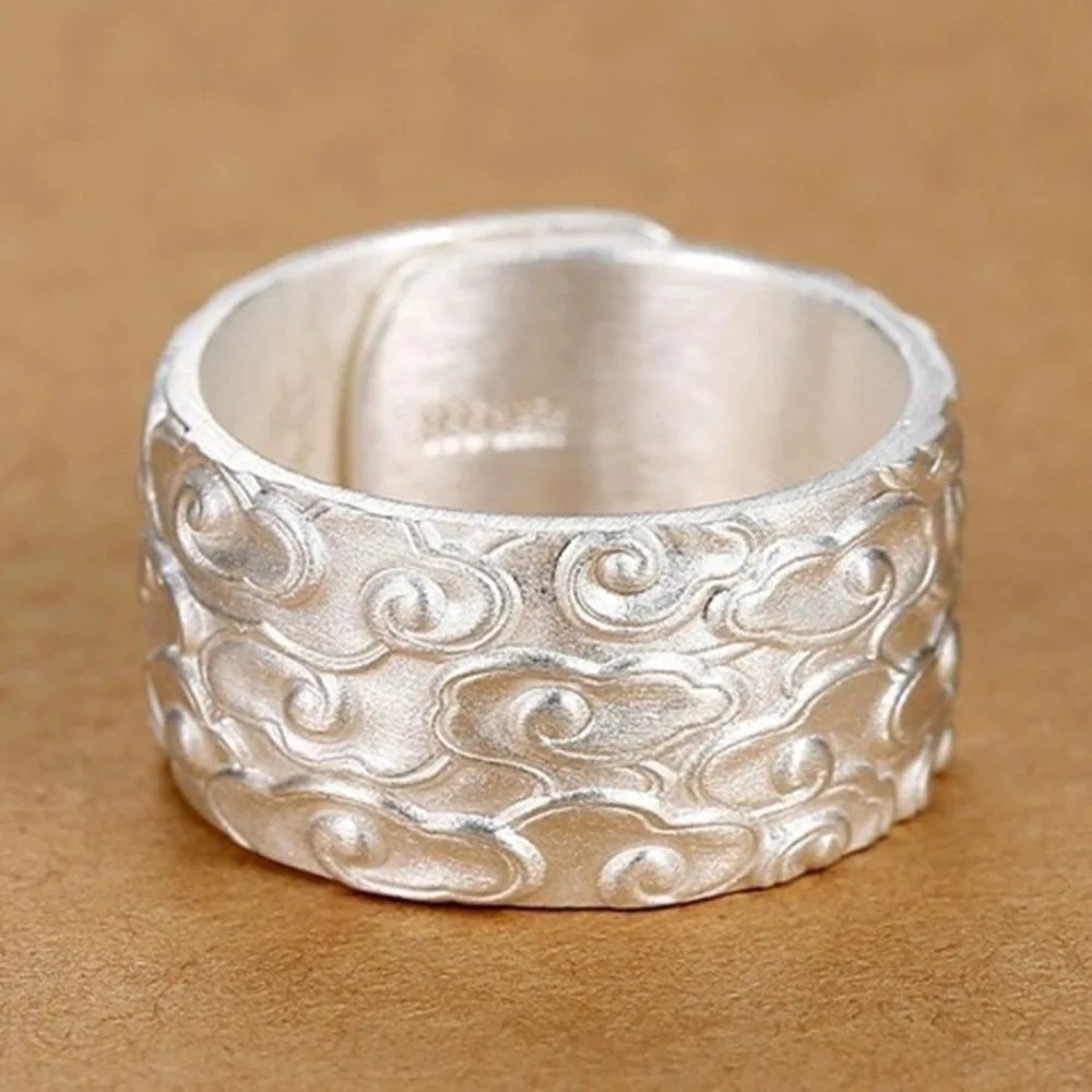 

Real Pure 990 Fine Silver Band Men Women Lucky Carved Auspicious Cloud Pattern Ring 15g