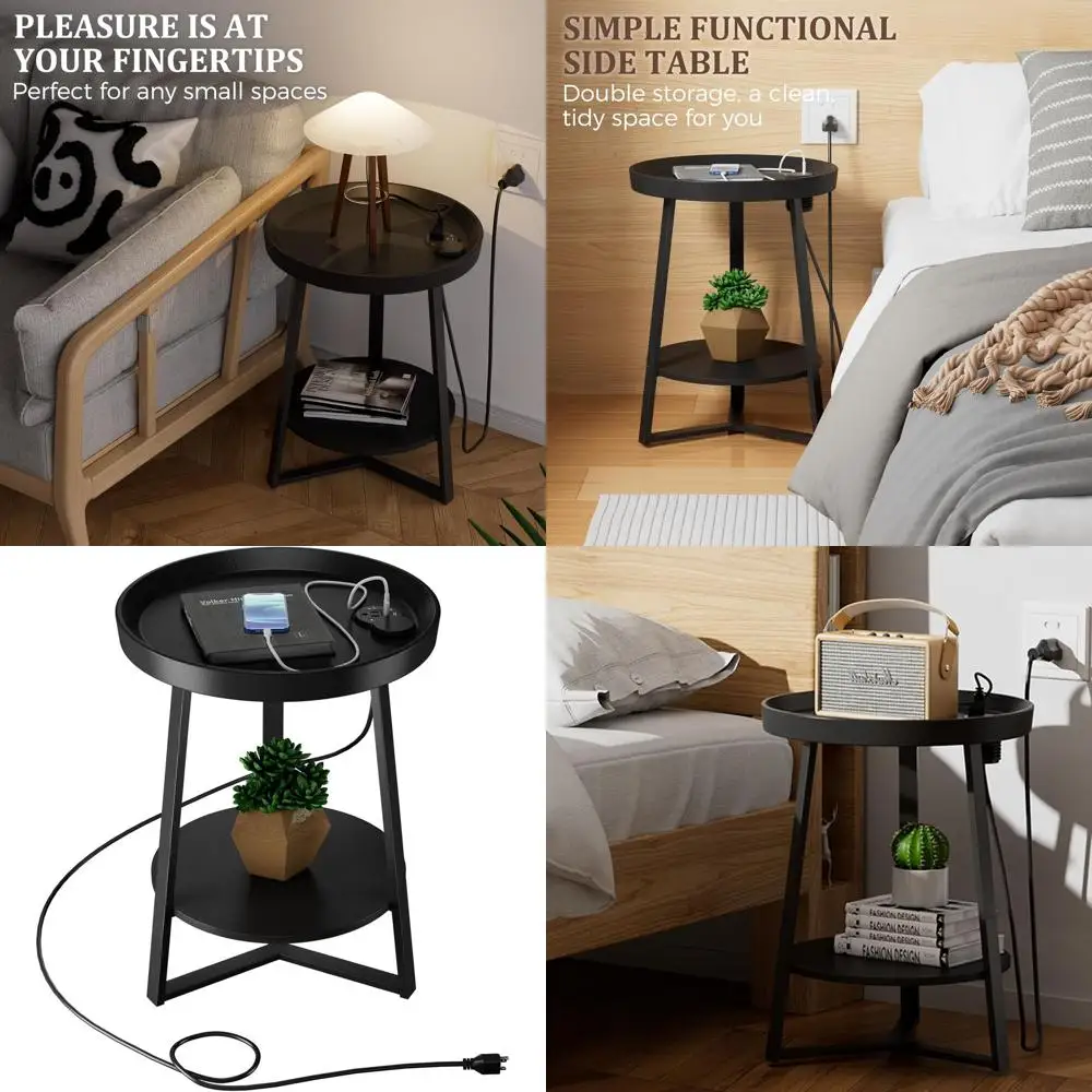 

2-Tier Charging End Table with USB Ports, Anti-Drop Fence, Wooden Top & Black Metal Frame