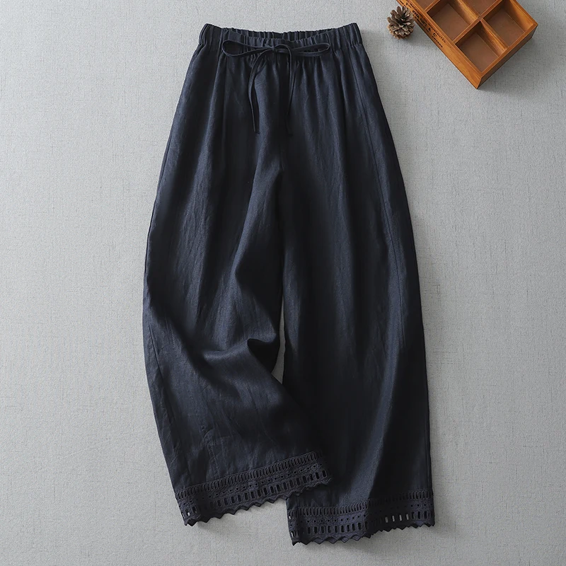 Ele dunne katoenen linnen elastische taille casual broek dames bloemenkant losse rechte pijpen wijde pijpen broek negen punten broek