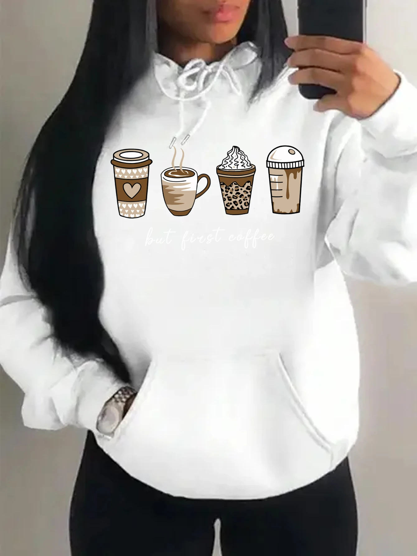 Aber zuerst Kaffee-Cartoons, Kaffeegetränke-Muster, Kapuzenpullover, modische, warme Kapuzenjacke, lässiger, trendiger Sweatshirt, Streetwear, Damenpullover. – Detail 9