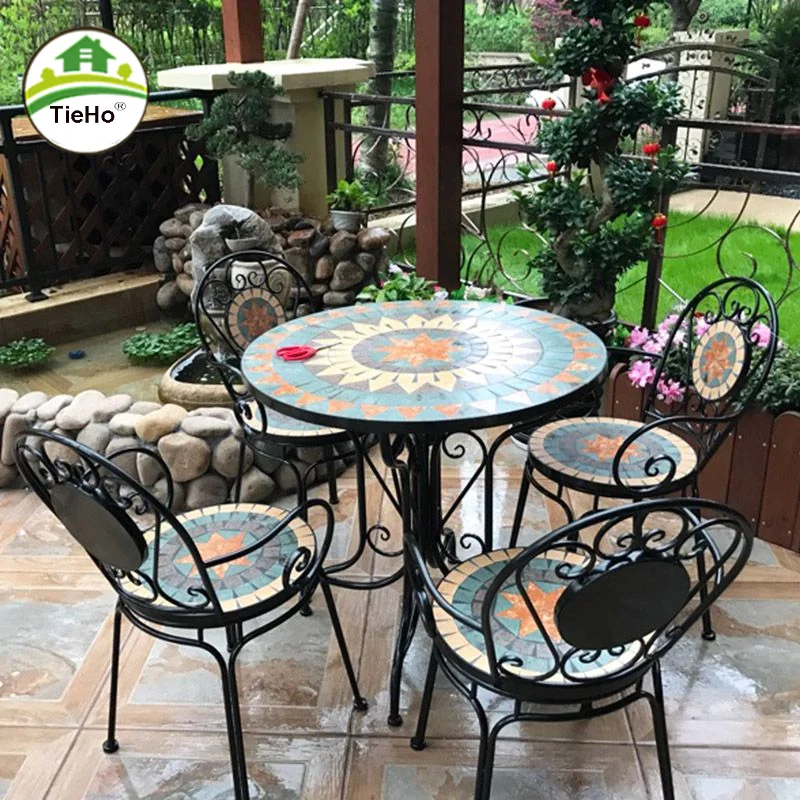 European Style Outdoor Tables Chairs Set Household Balcony Courtyard Iron Mosaic Table Lesure Chair Vintage Outdoor Furniture