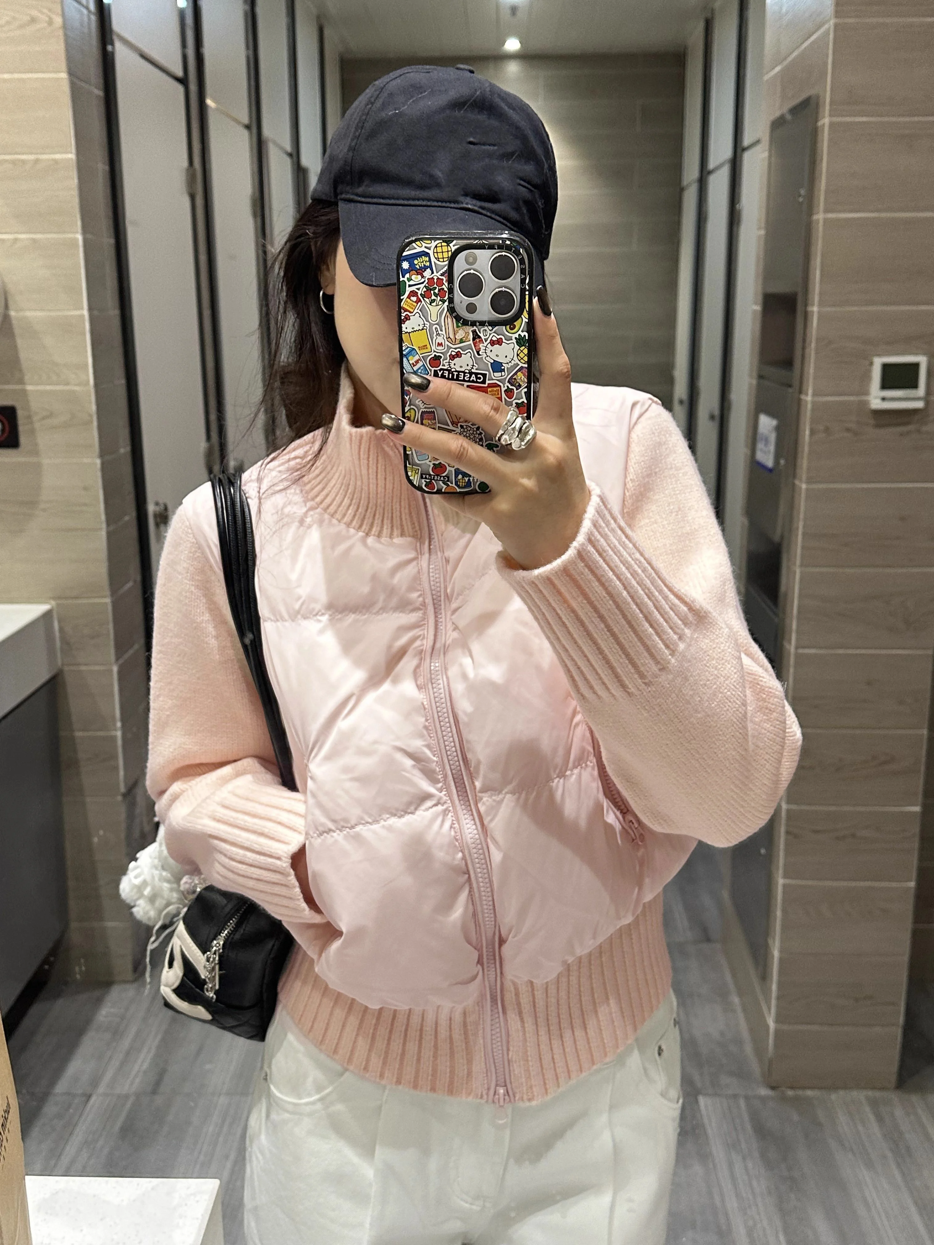 Korean Style Sweet Pink Knitted Patchwork Stand Collar Short Cotton Jacket Winter New Design Slim Fit Outerwear for Women