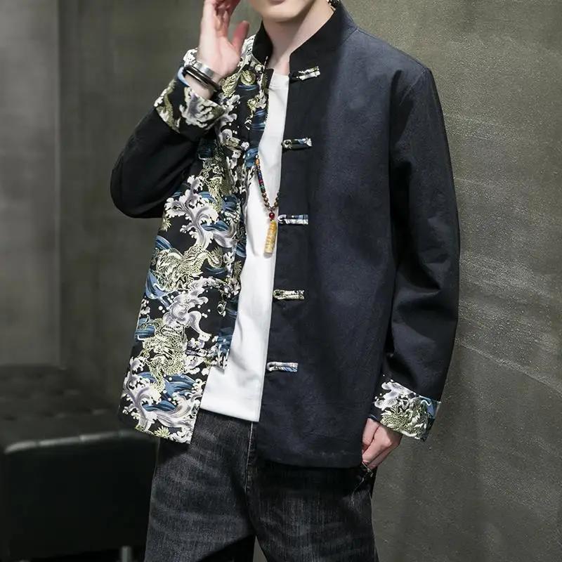 

New Men's Shirts Spring Chinese Style Retro Stand Collar Jacket Cotton Linen Cardigan Men's Kungfu Loose Casual Top