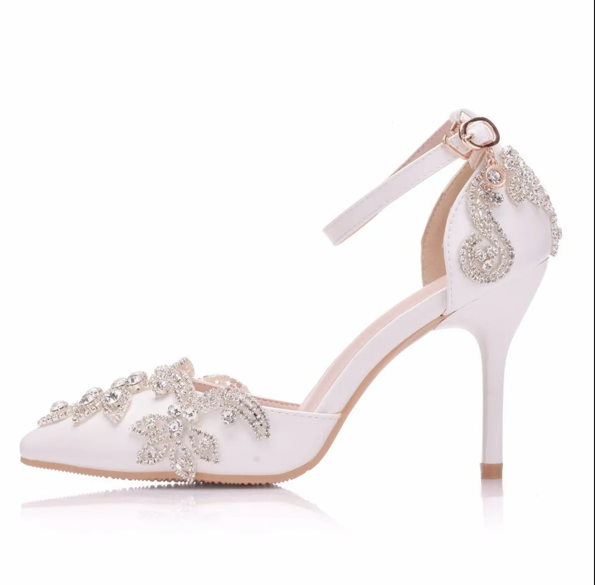 GOHYPDUG Women\'s White Pointed Toe Sandals With Crystal Rhinestone Wedding Bridal shoes Elegant High Heel