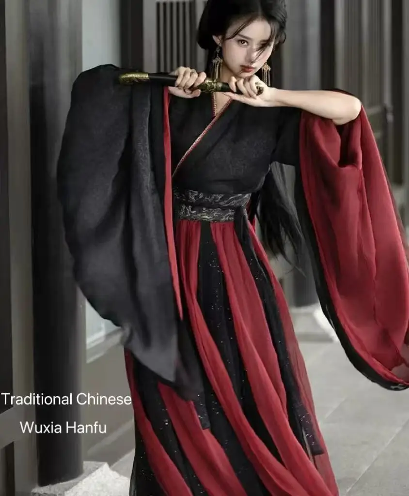 

70 кг женское черное, красное традиционное китайское платье ханьфу, костюм богини девицы фехтовальщика, древний сценический костюм, женский костюм