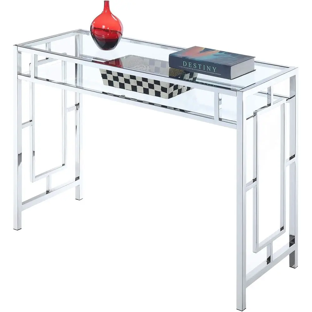 현대적인 모던 오피스 책상, 유리 선반, 콘솔 테이블 및 크롬 마감의 화려한 화장대