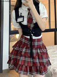 Japanese Kawaii School Girl Uniform Korean Style Sweet Cute Cosplay JK Uniform Summer Black Mini Vest and Plaid Skirt Sets 2023