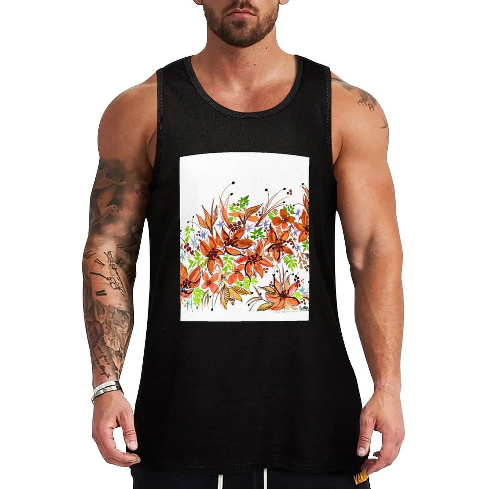 

Hawaii Sings Orange with Flowers Tank Top plain t-shirt Sleeveless top muscle t-shirt T-shirt Men's gym