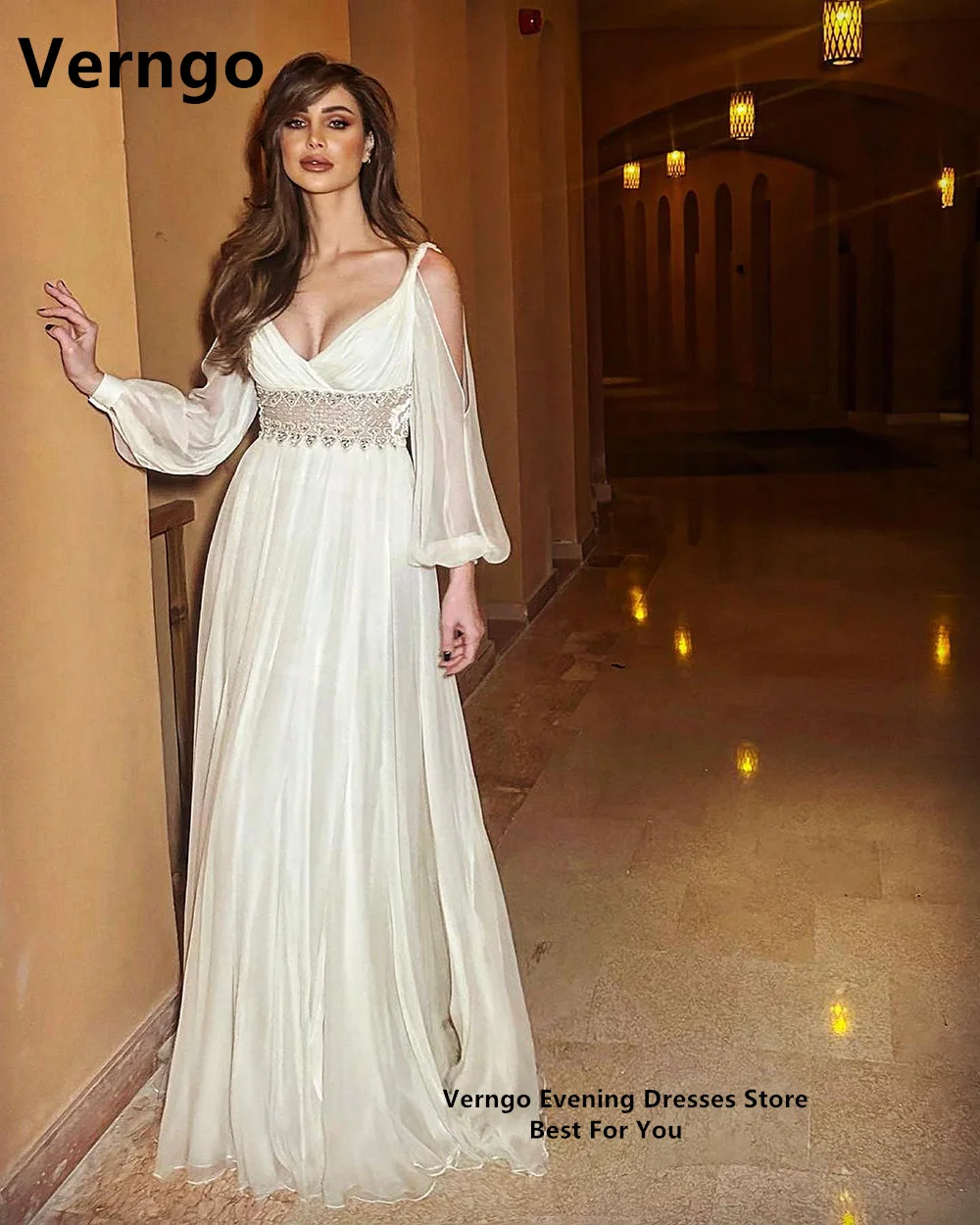 Verngo White Chiffon Evening Dress For Women A Line Sequined Party Dress Sweetheart Puff Sleeves Greece Prom Gowns