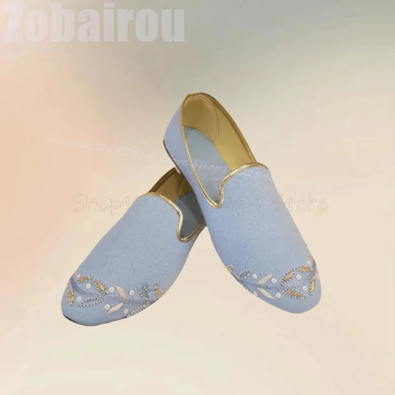 Sepatu Loafer Penny Desain Bordir Bunga Biru Langit, Sepatu Pria Slip On Modis, Sepatu Kasual Pria Buatan Tangan Mewah untuk Pesta, Jamuan Makan, Kencan