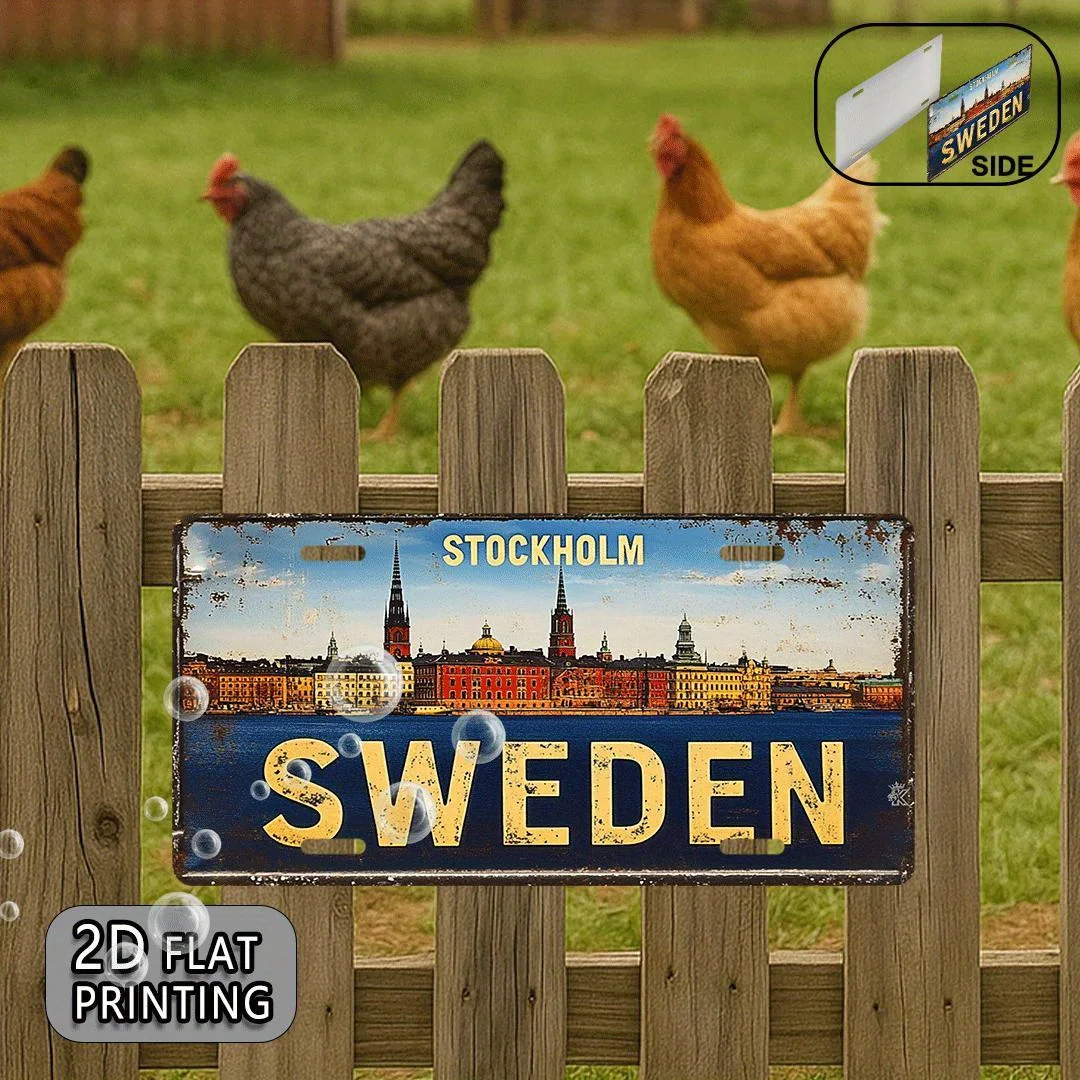 2D Flat, 2D Flat Printing, 1pc, Stockholm Sweden Vintage Metal Aluminum Sign License Plate, decorative sign and plaque (30.23X15