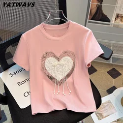 2024 New Summer women's Shiny Hot Diamonds t-shirt Sweet Girl Bow perline top in cotone per ragazza maniche corte t-shirt larghe abbigliamento