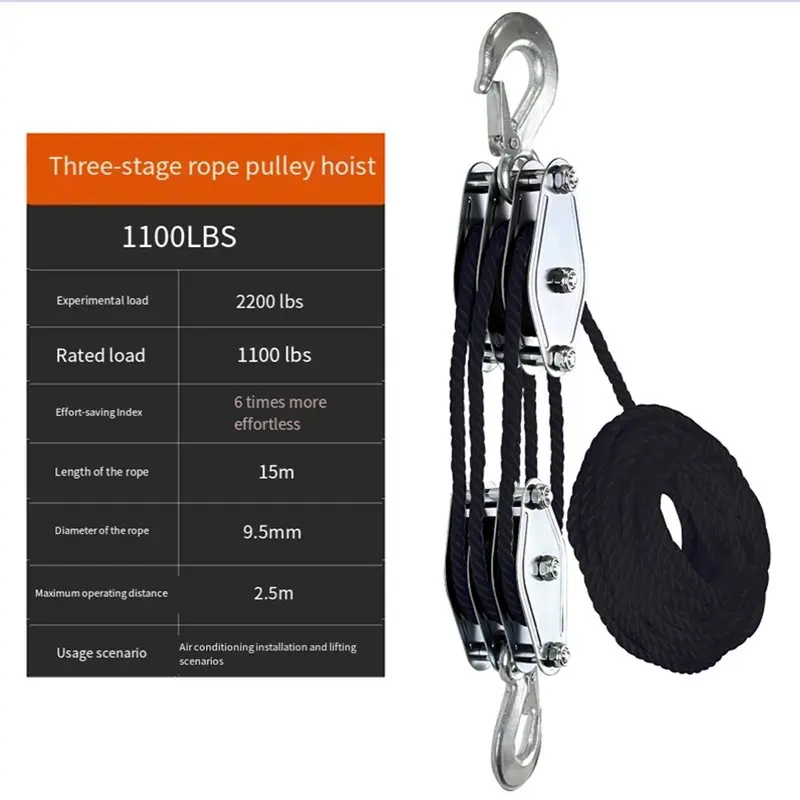 A47U Rope Pulley Block Zinc Alloy Hook Handheld Crane Heavy Duty Polyethylene Rope Pulley Hoist Manual Lifting Device