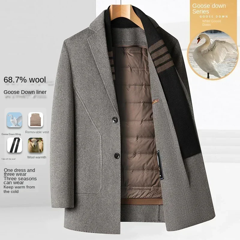 Woolen coat men's wool autumn and winter mid-length plus velvet thickened coat windbreaker goose down lining removable