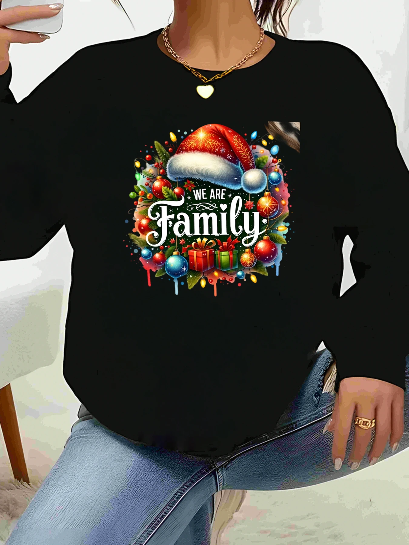 

Рождественская шляпа Санта-Клауса с семейным принтом и длинными рукавами, праздничная вечеринка, женская повседневная одежда