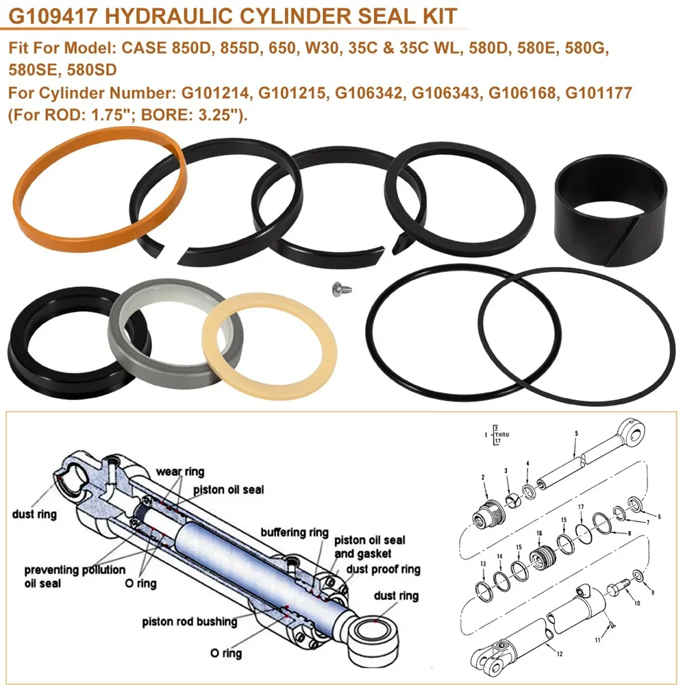 Hydraulic Cylinder Seal Replacement Kit G109417 for Case 650 850D 855D W30, 35C 35CWL 580B 580D 580E 580G 580SD 580SE Rod: 1.75\