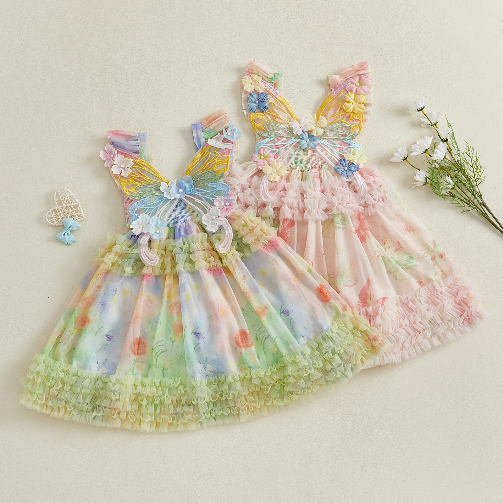 1-5Y Toddler Girls Cute Dress Butterfly Print Fly Sleeve Frills Tutu A-line Dress Kids Fashion Casual Summer Dresses
