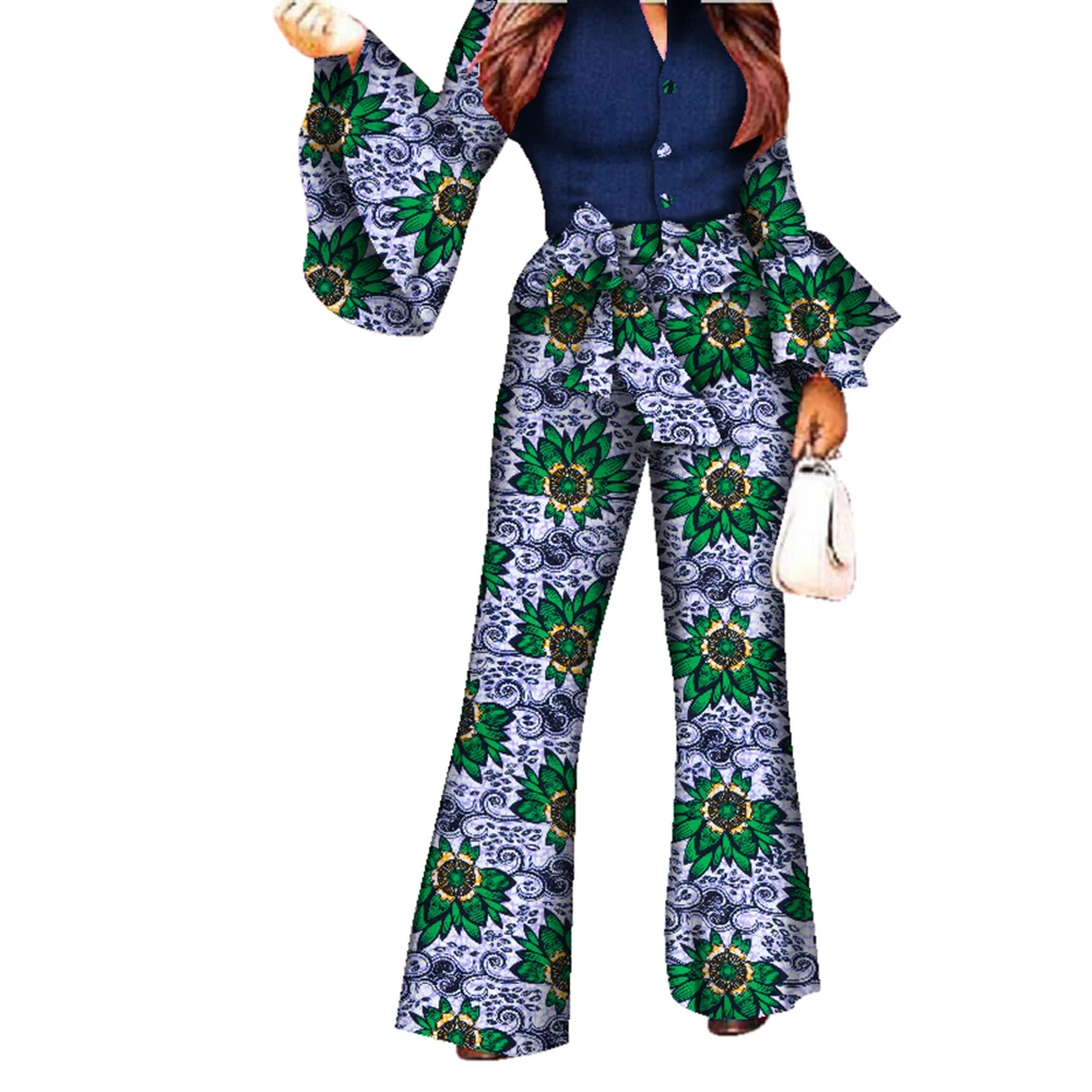 African Print Women Pant Set V-Neck Flare Sleeve Shirt Pants African Ladies Suits 2 Piece Set Casual African Clothing WY2772