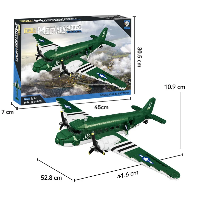WW2 Military C-47 Skytrain Building Blocks Set, Transport Aircraft Propeller Plane Model Toy for Boys Gift