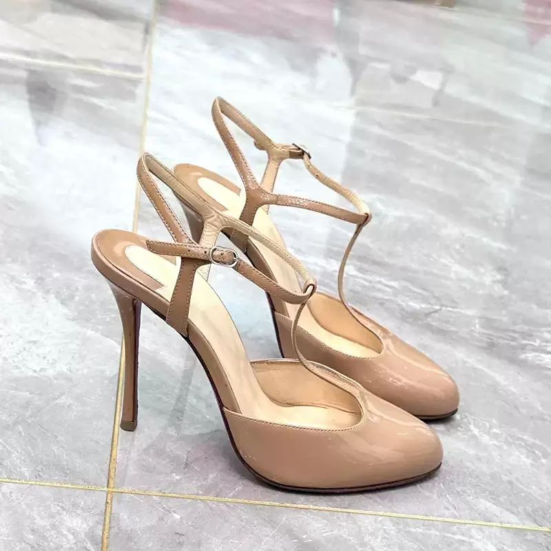 New Women's Nude Patent Leather T Strap Slingback Pumps Pointed Toe Stiletto Ankle Buckle Classic Elegant Versatile High Heels