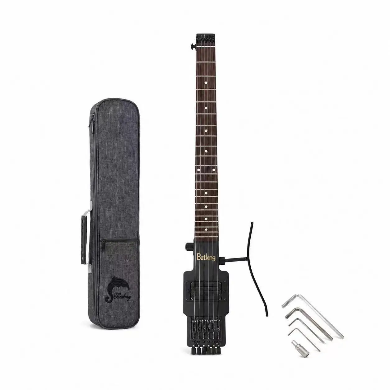 Batking Reisegitarre, elektrisch, kopflose Gitarre, 6-saitig, einteiliger Ahornhals, durchgehendes Korpus-Design, Messing-Fix-Brücke mit Gigbag