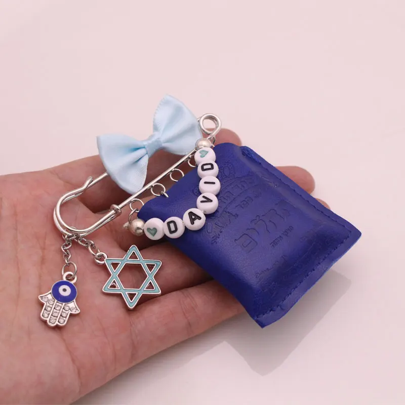 Custom baby Tehillim book naming ceremony gift Hebrew letters Tehilim blue book brooch brit milah gift jewish chai charm