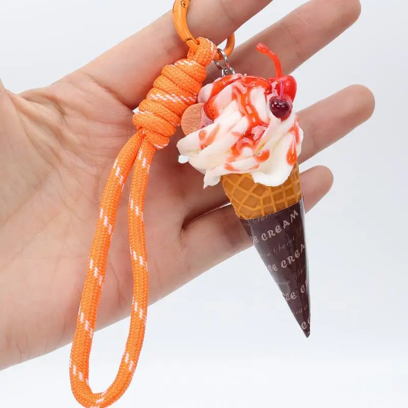 Simulations-Eiscremekegel-Schlüsselanhänger, geflochtenes Lanyard, realistisches Design, Rucksackanhänger, Geschenk für Mädchen – Detail 14