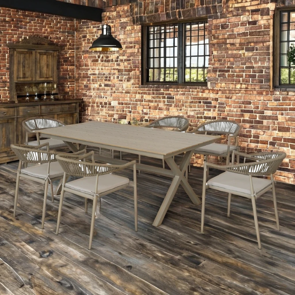 

Modern Simple Design 7pcs Aluminum Dining Table Chair Set Garden Patio Metal Rope Weaved Farmhouse Villa Courtyard Home Bar
