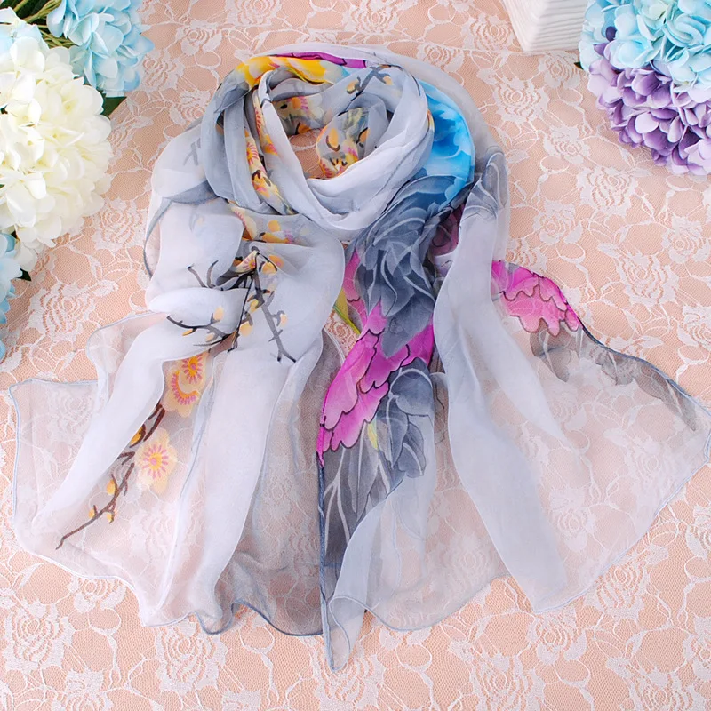 Elegant Beautiful Gradient Peony Chiffon Georgette Bandana Scarf Women Foulard Summer Beach Sunscreen Thin Hijab