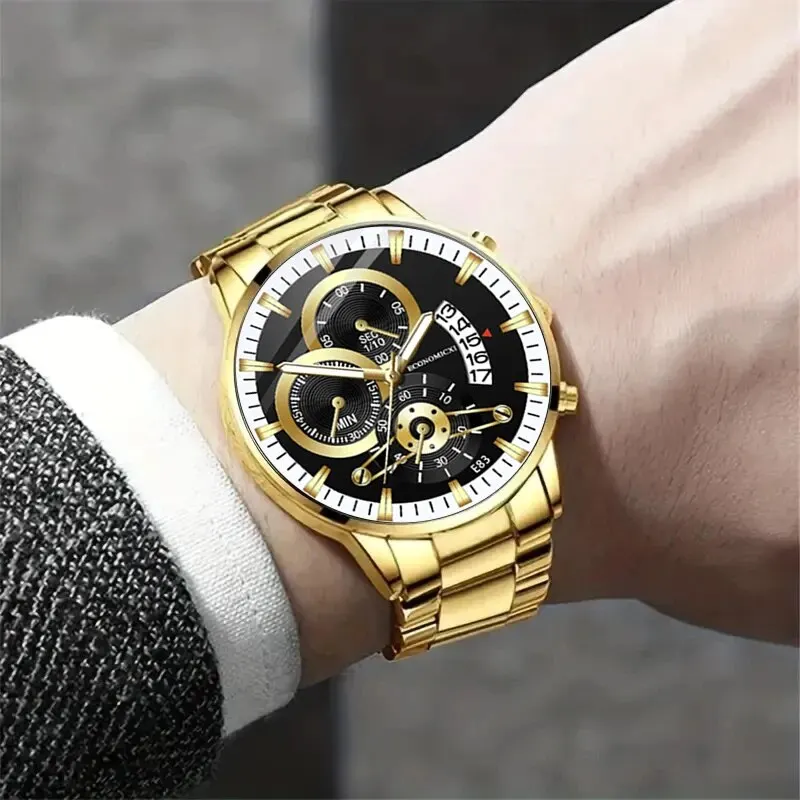 1Pcs Men\'s Casual Fashion Business Three-Eye Calendar Digital Steel Band Quartz Watch Designed For Successful Men Classic