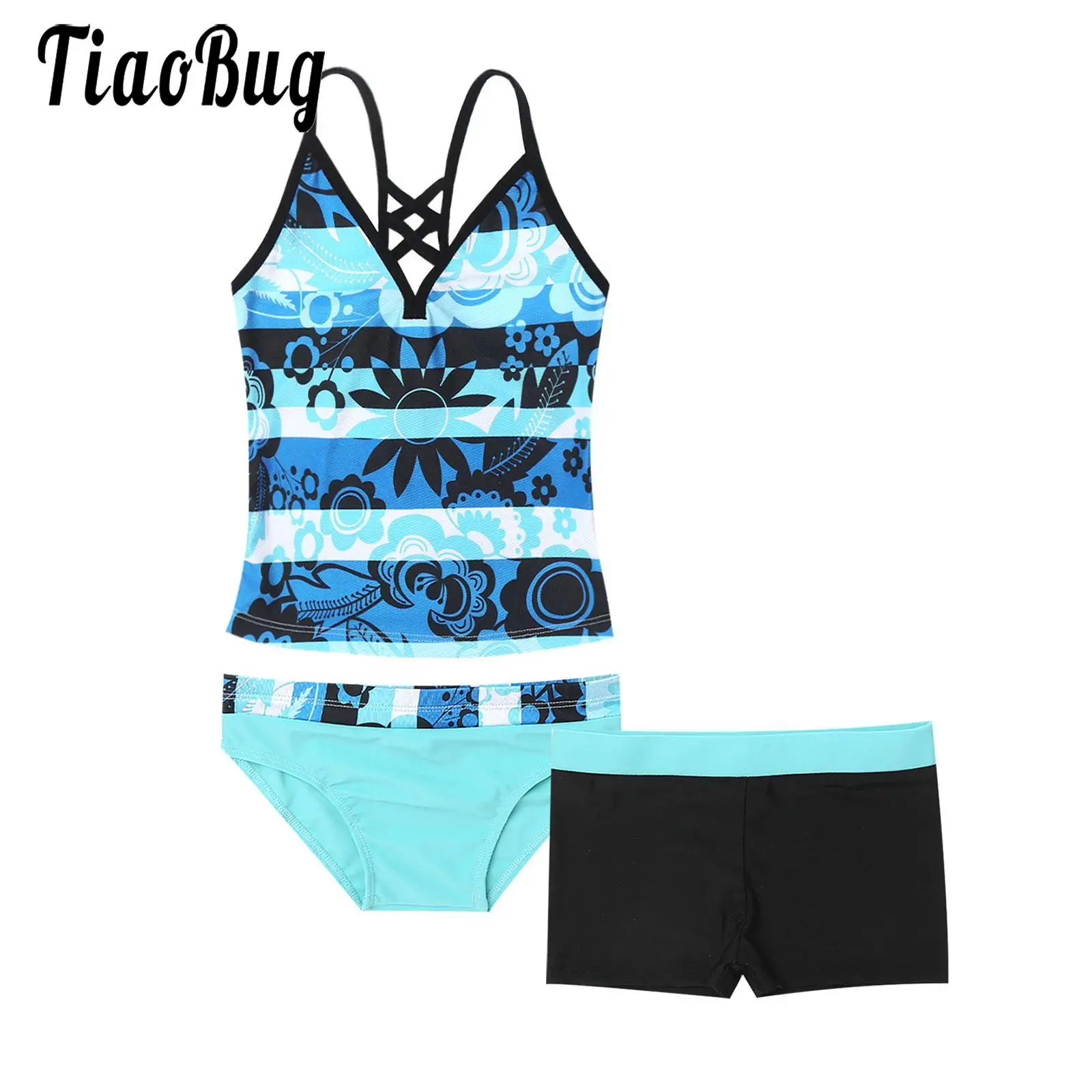 

3 Pieces Kids Girls Tankini Spaghetti Strap Tops Panties Swim Shorts Bikini Sets Girls Floral Print Swimsuit Swimwear Beachwear