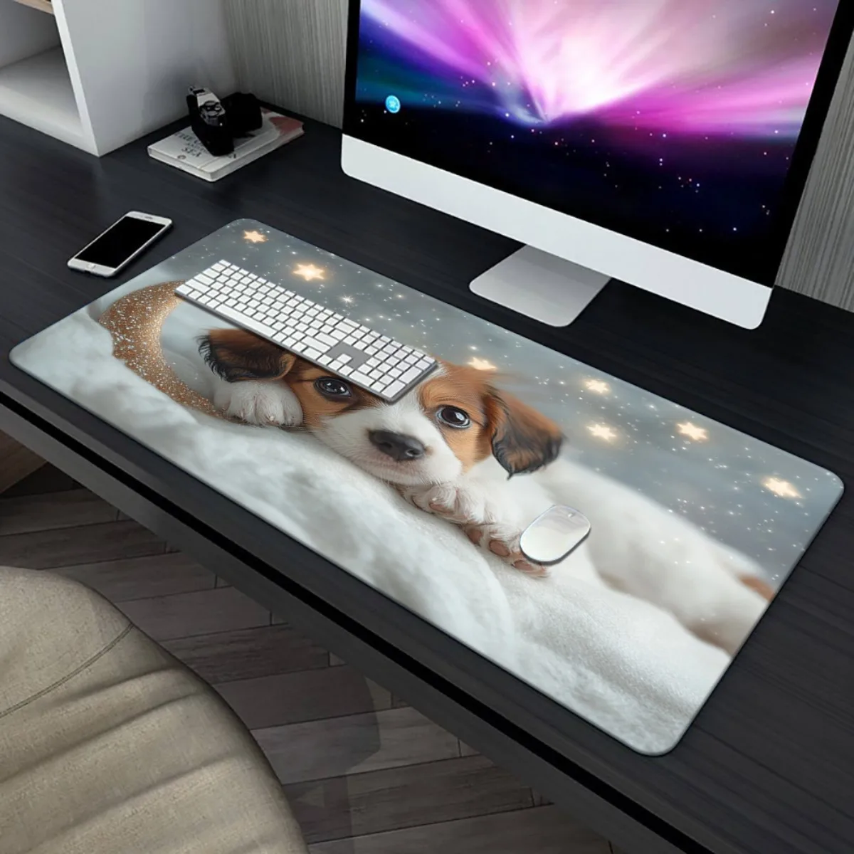 1pc Cozy Puppy Night Art HD Desk Mat - XXL Rubber Mouse Pad with Stars & Moon Design, Multi-Functional Keyboard & Gaming Mat for