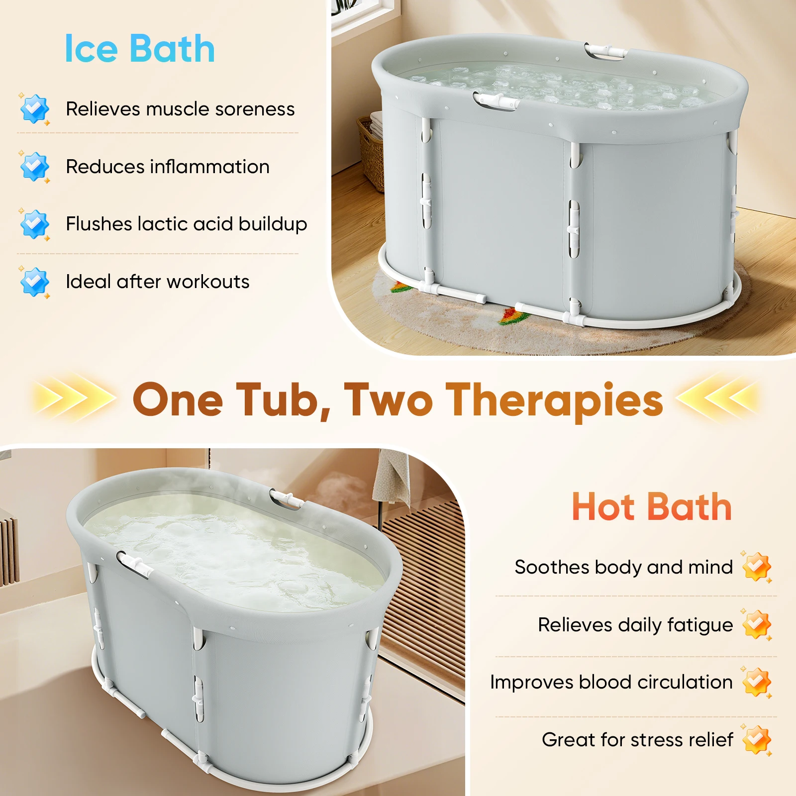 حوض استحمام محمول قابل للطي مع وسادة مقعد حوض استحمام تمرغ للاستحمام الساخن حمام الجليد حوض استحمام ساونا للأطفال البالغين، 60x49x13.5 سم