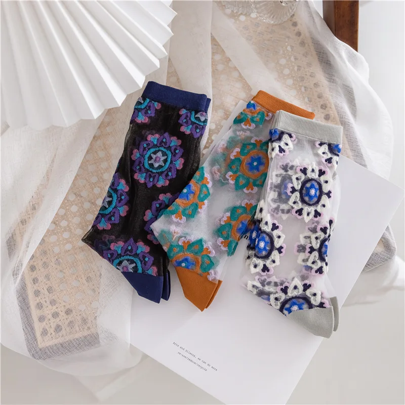 Glass Silk Socks Women Summer Ultra-thin Transparent Crystal Silk Socks Breathable Harajuku Retro Embroidery Elastic Long Socks