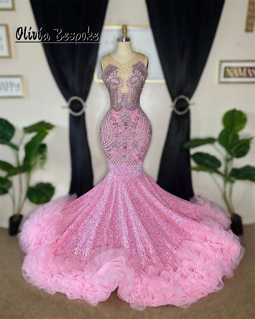 Graceful Pink Tulle Ruched Prom Dresses 2025 Black Girls Beaded Rhinestones Sequin Mermaid Formal Occasion Gowns Birthay Party