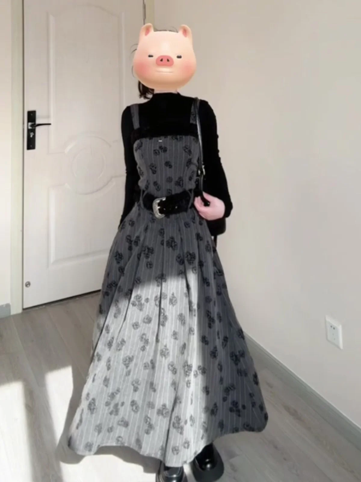 Ele Vintage Waist-Cinching Strap Dr Chic mat Mid-Length A-Line Skirt Floral Print Zipper Closure French Sle